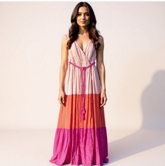Flying Tomato Dresses & Skirts - Flying Tomato Pink and Orange Tiered Maxi Dress